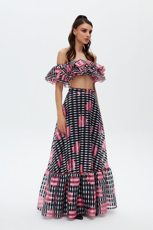 FLORAL PRINT FLOUNCE LONG SKIRT